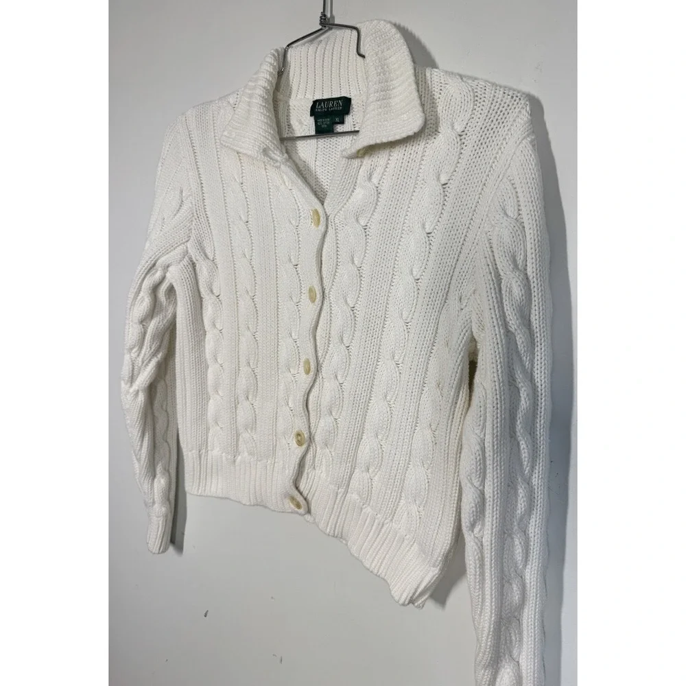 Lauren Ralph Lauren White Chunky Cable Knit Button Up Mock Neck Cardigan Size XL